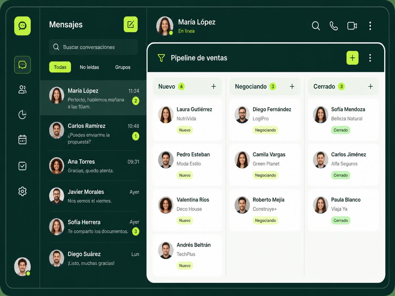 Panel Kanban de MiCierro con columnas Nuevo, Negociando y Cerrado dentro de un chat web